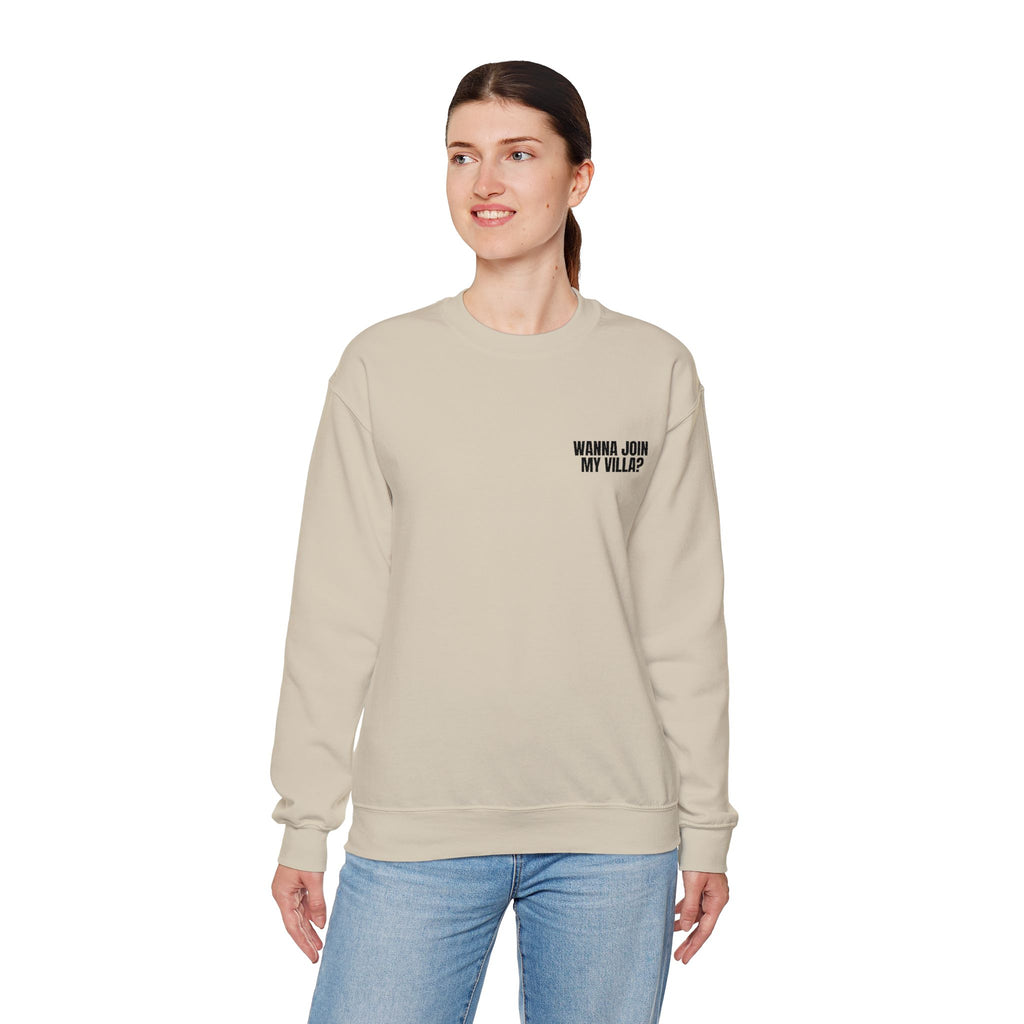 Embroidery Crew Neck: Wanna Join My Villa?