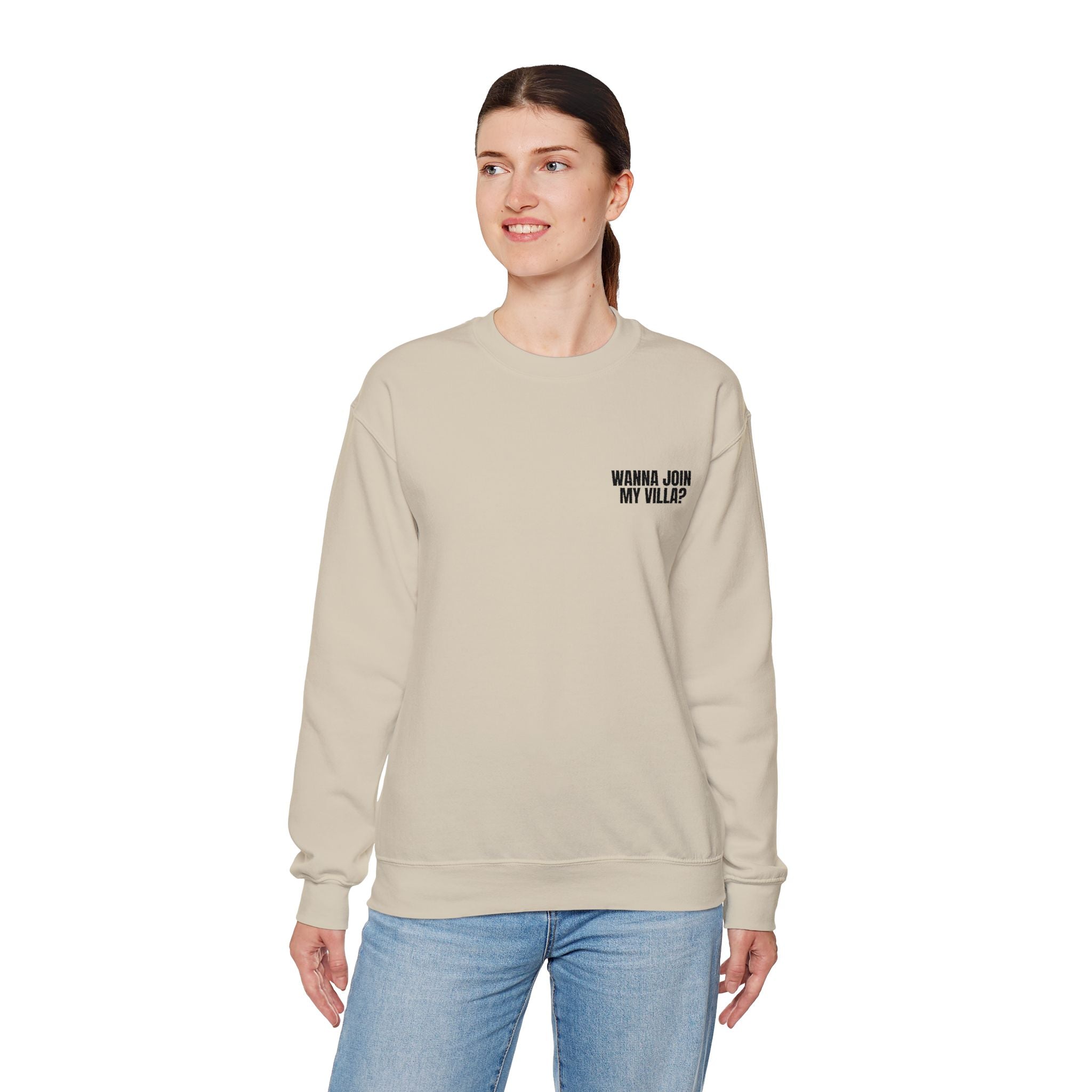 Embroidery Crew Neck: Wanna Join My Villa?