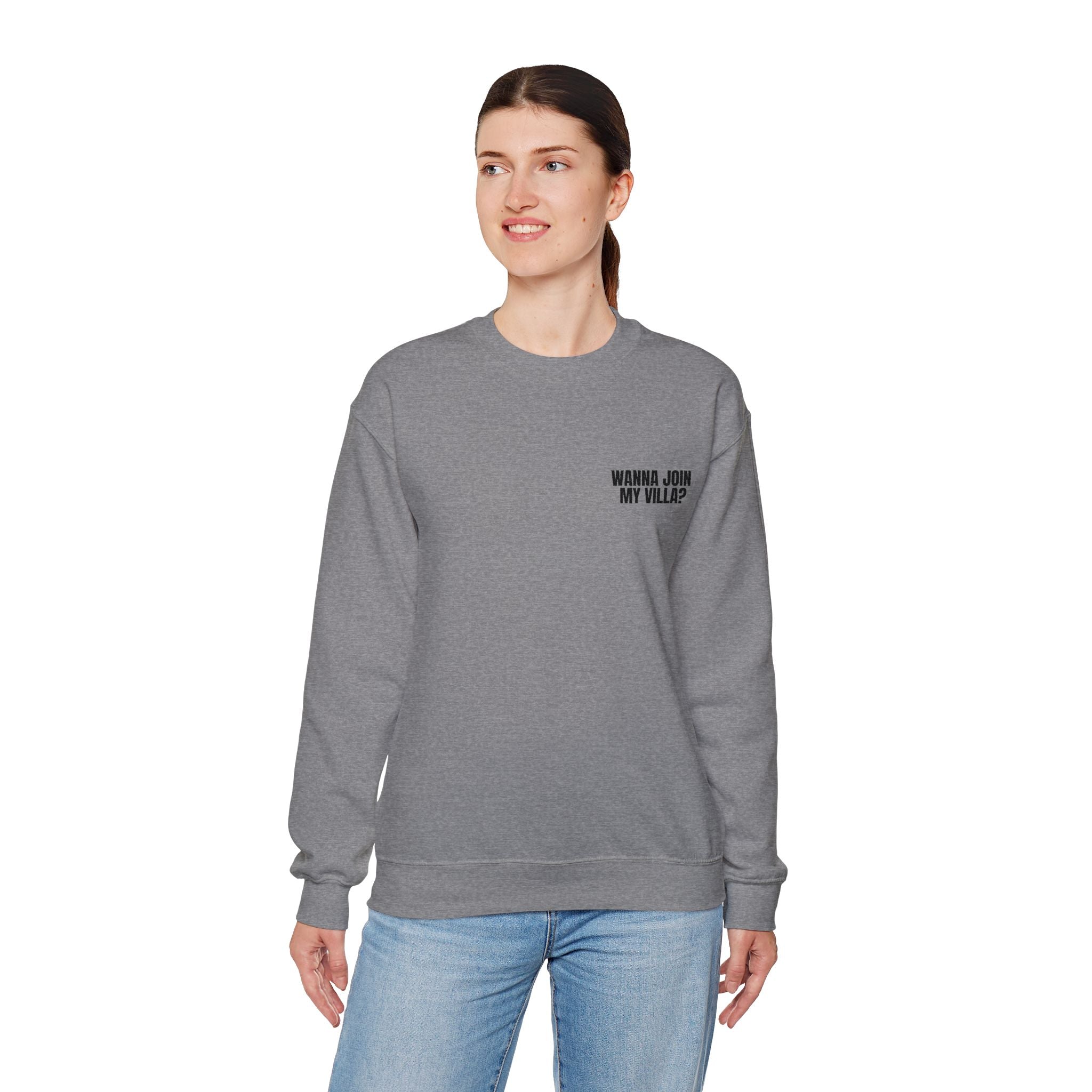 Embroidery Crew Neck: Wanna Join My Villa?