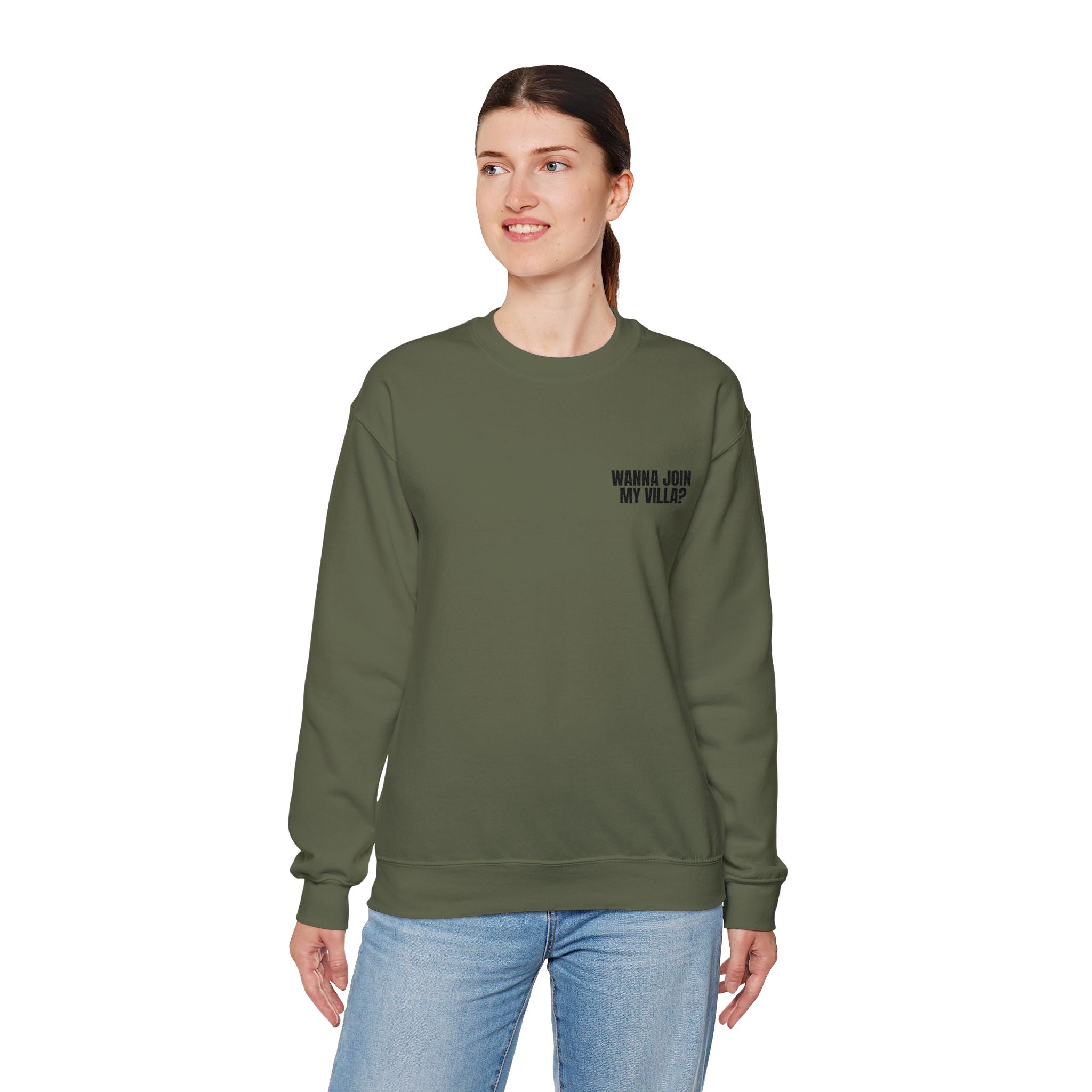 Embroidery Crew Neck: Wanna Join My Villa?