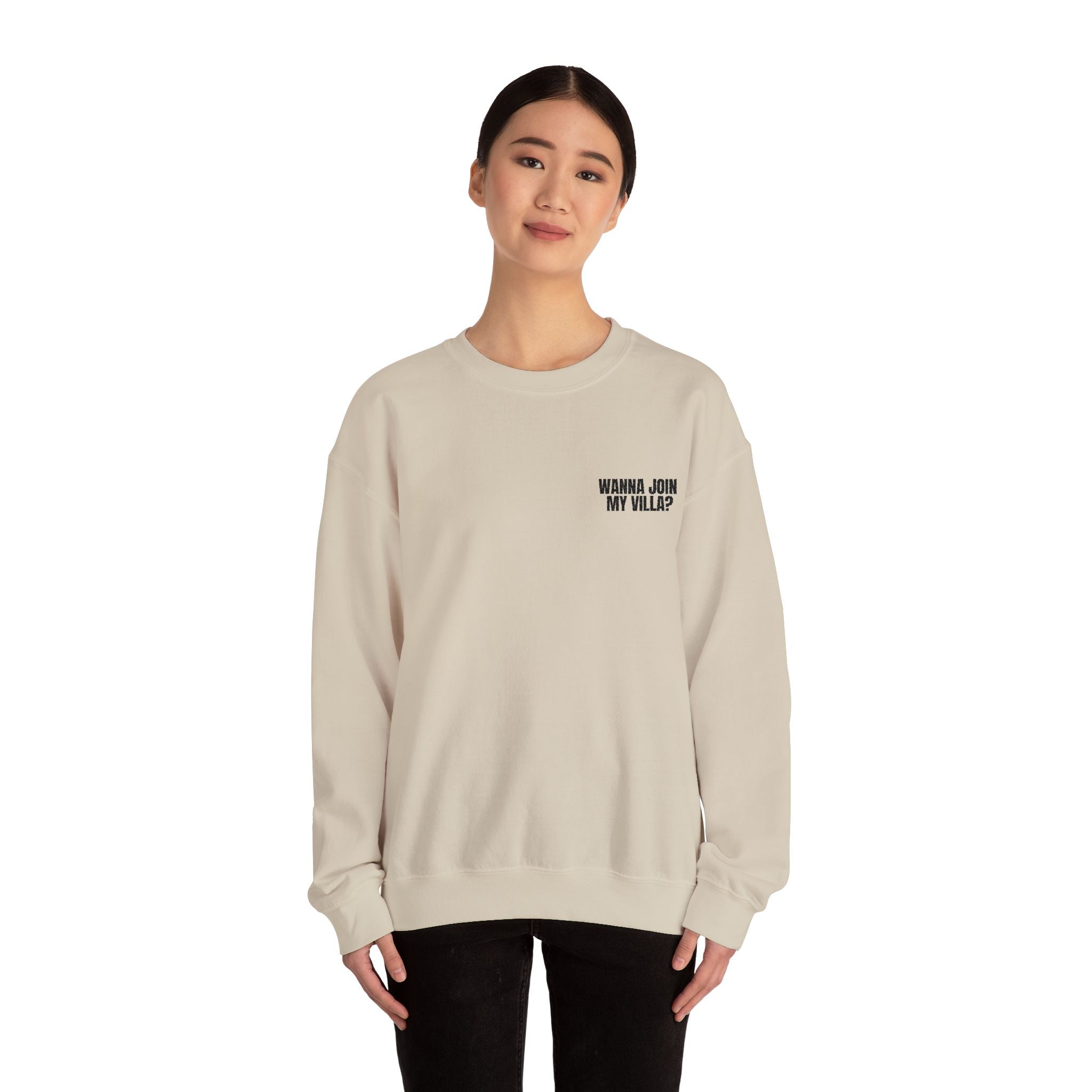 Embroidery Crew Neck: Wanna Join My Villa?